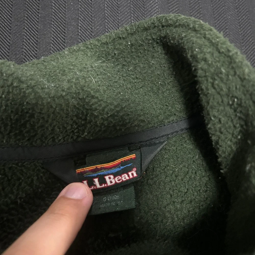 LL Bean Mens Fleece Jacket Green Black Full Zip Mock Neck Made in USA Large